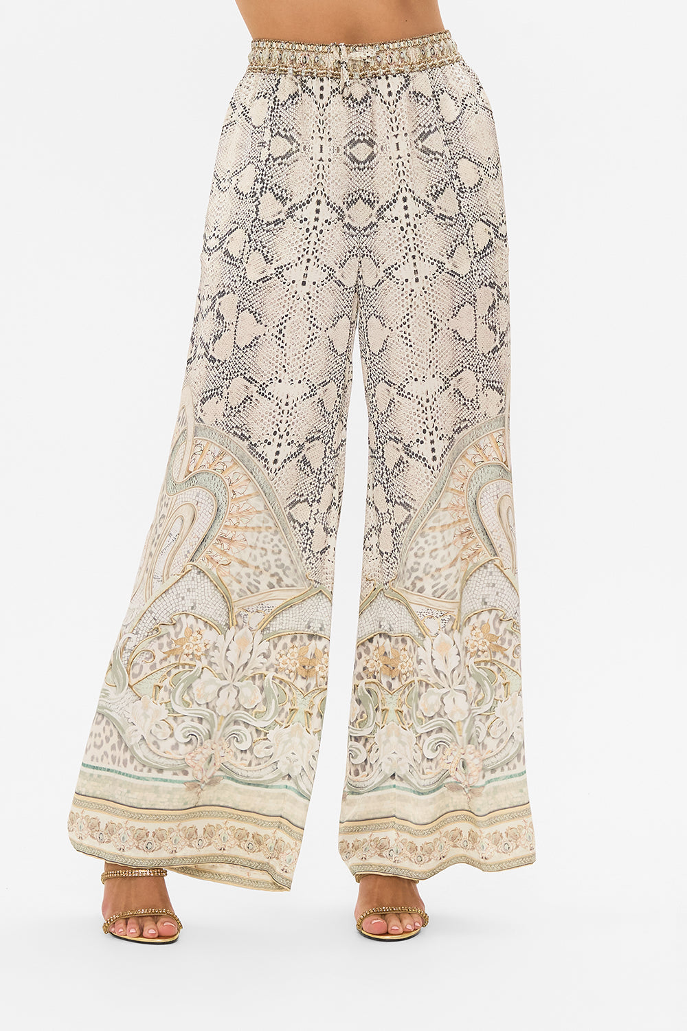 CAMILLA silk pants in Ivory Tower Tales print