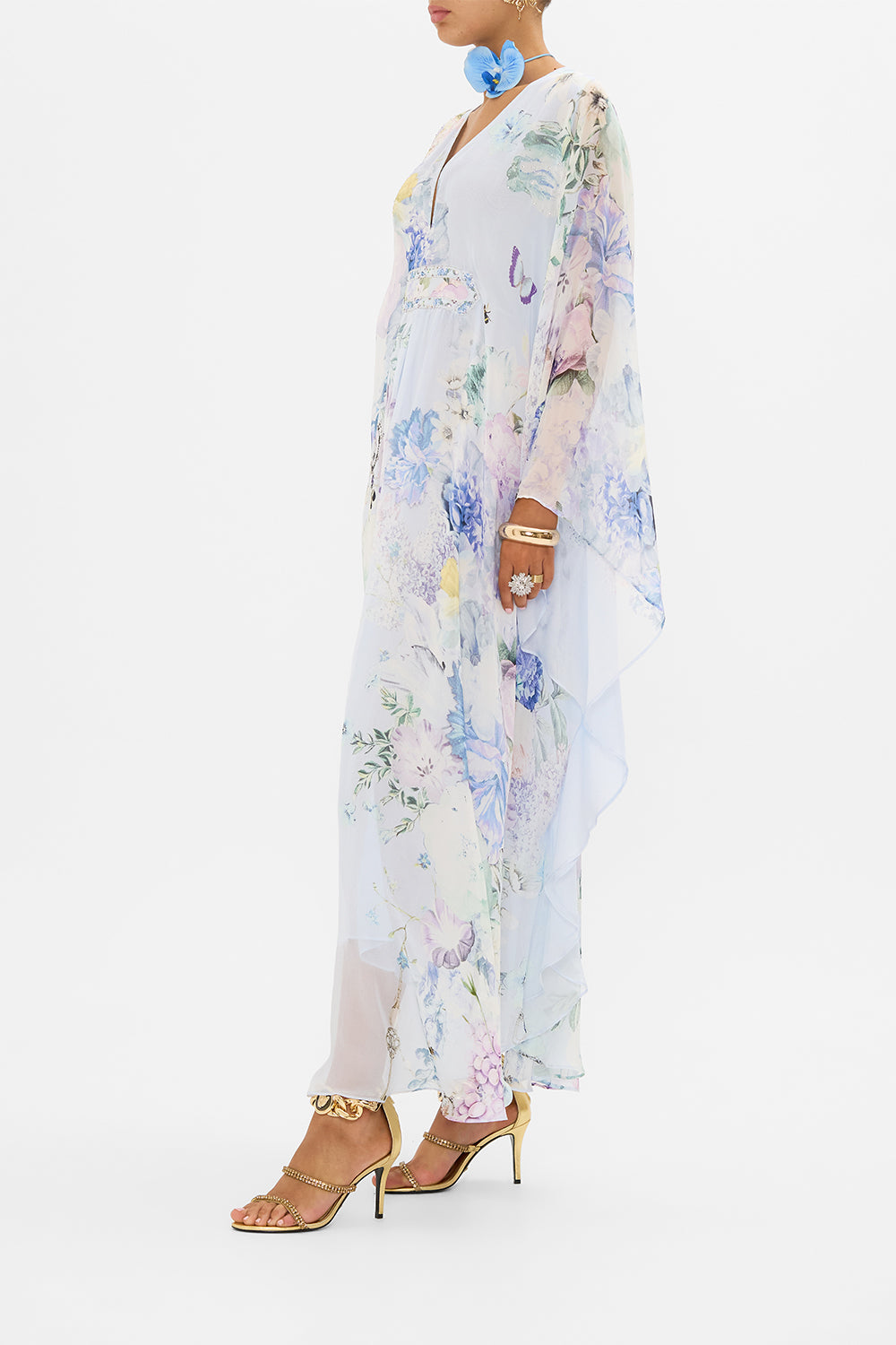 CAMILLA blue silk kaftan in Butterfloria print