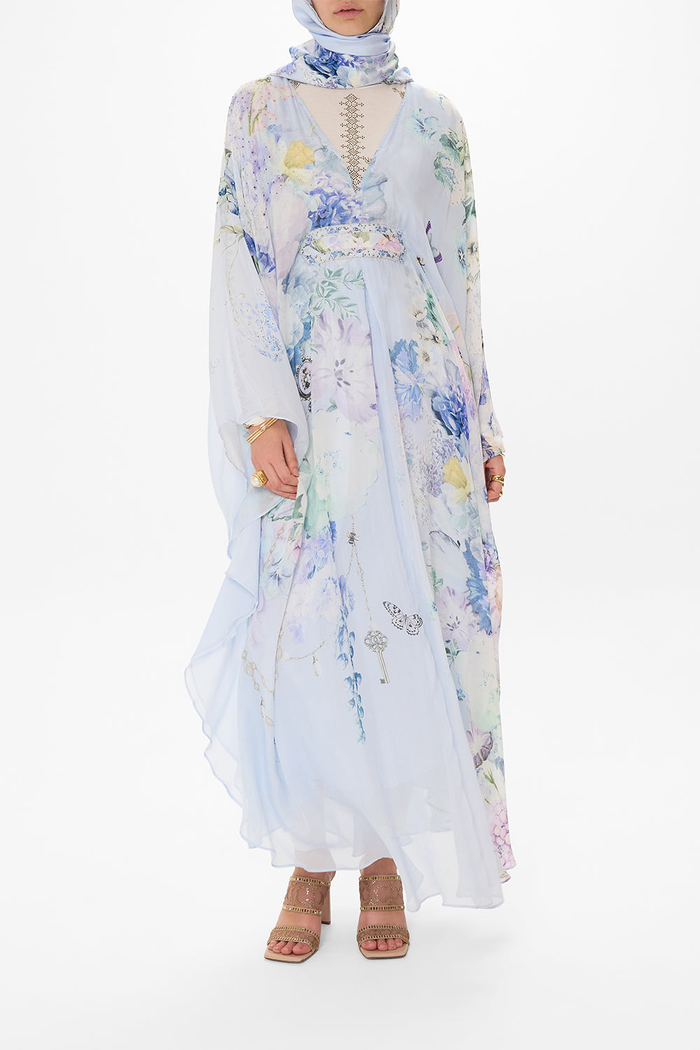CAMILLA blue silk kaftan in Butterfloria print