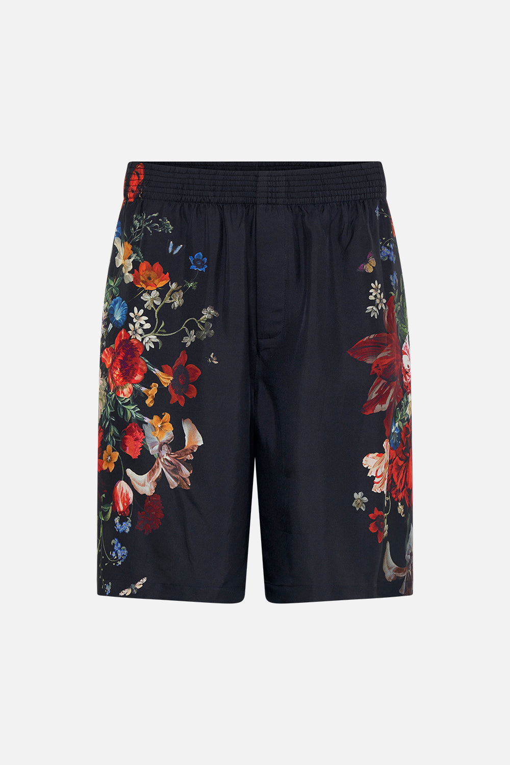 Hotel Franks by CAMILLA mens black floral print boardshorts in A Still Life print 