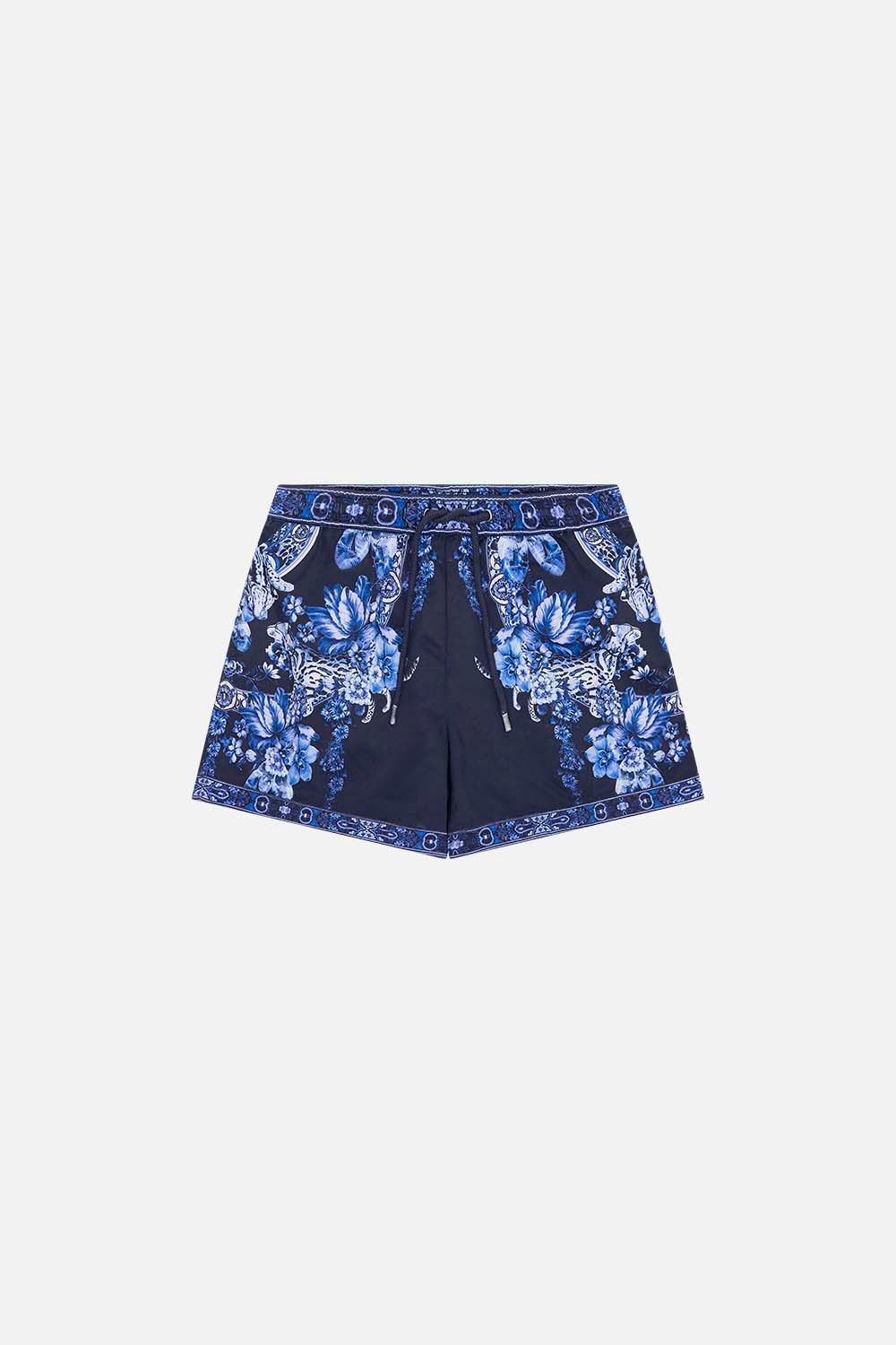 Front product view of Milla By CAMILLA boys boardshort in Delft Dynasty print
