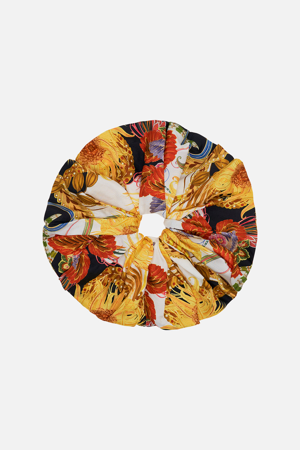 CAMILLA silk scrunchie in Sunflowers On My Mind print