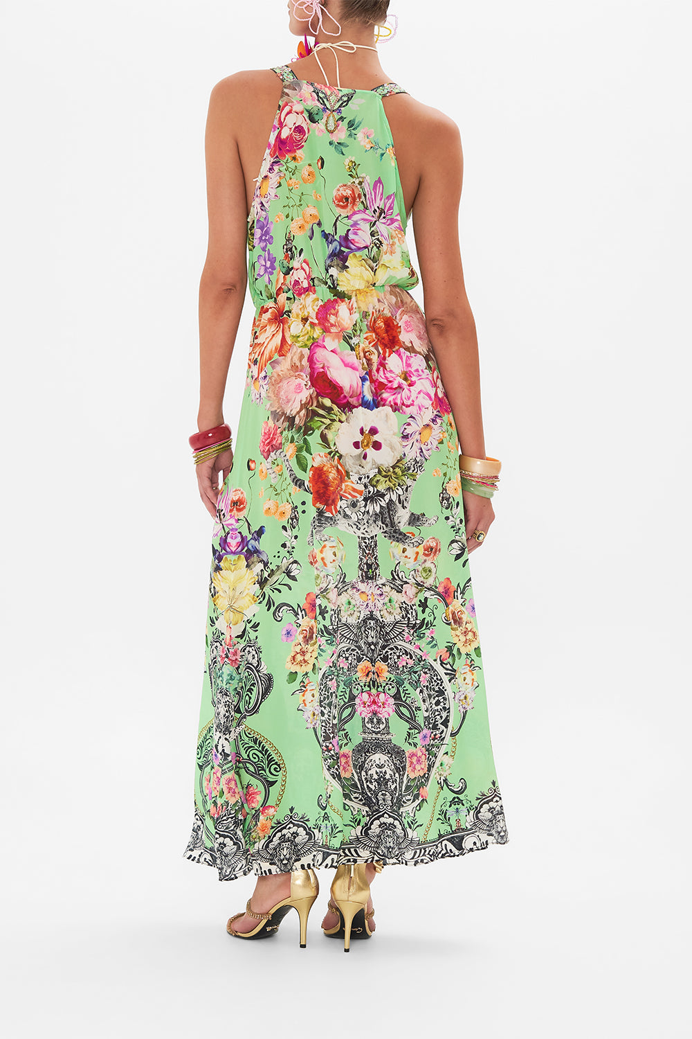 Back view of model wearing CAMILLA twist front dress in Porcelain Dream print