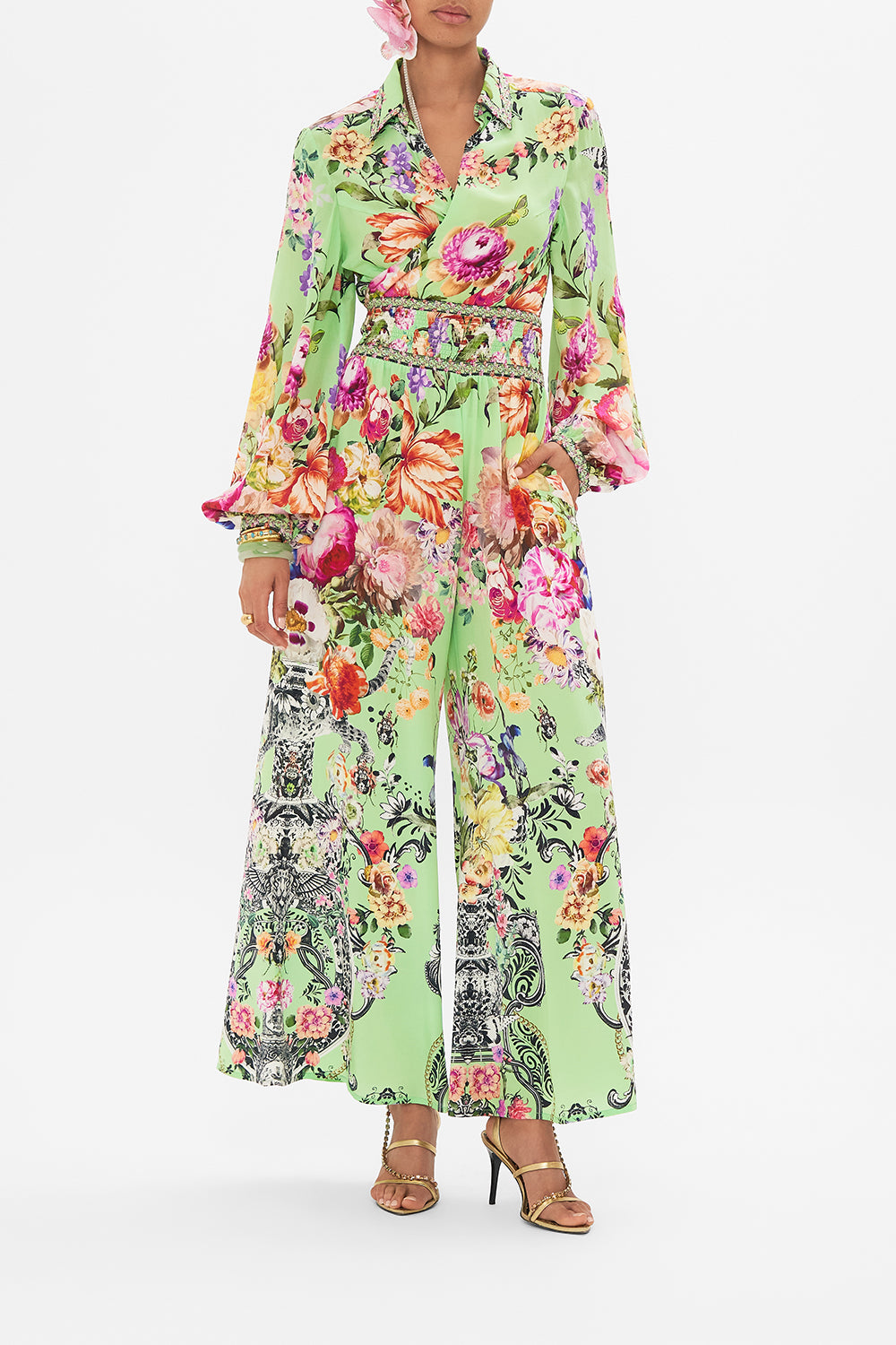 Front view of model wearing CAMILLA silk pant in Porcelain Dream print