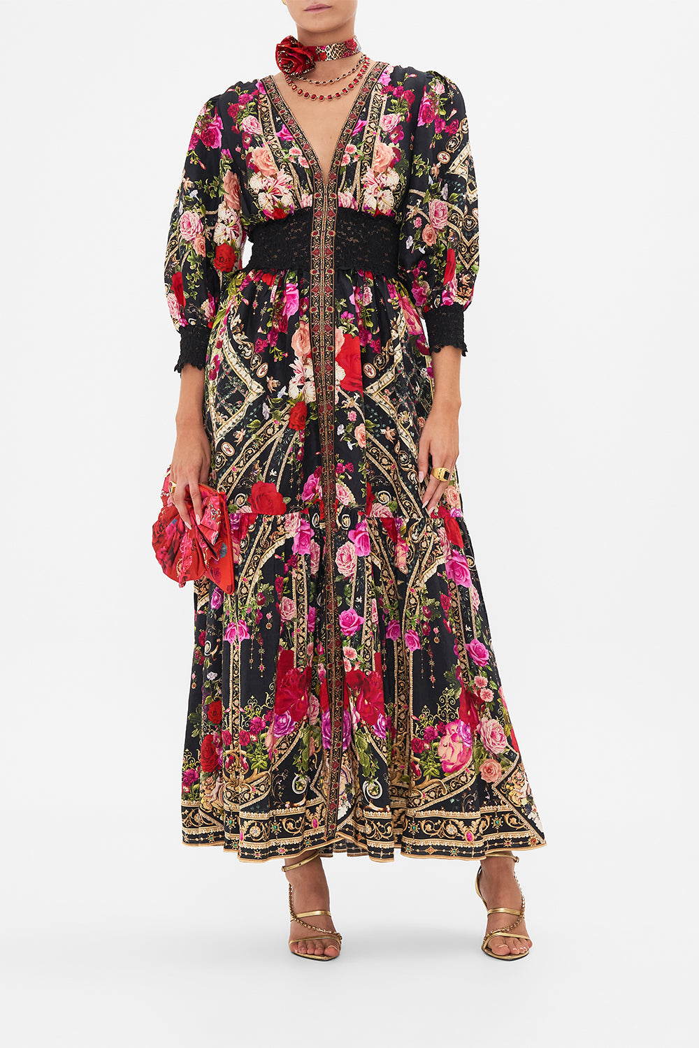 Front view of model wearing CAMILLA floral maxi dress in Reservation For Love print