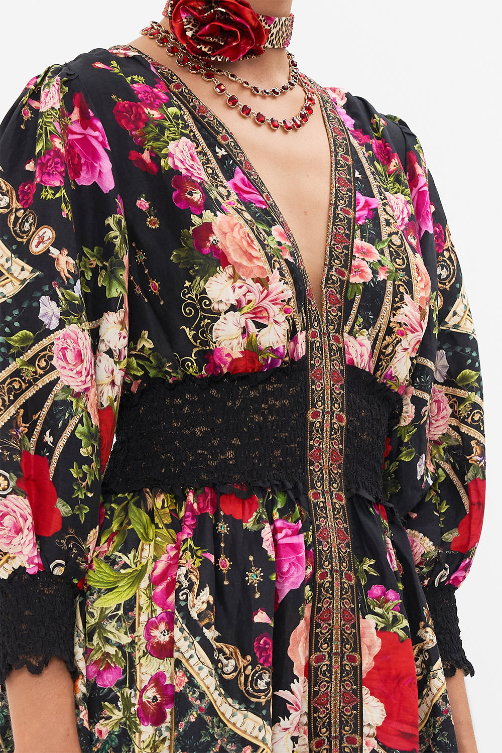 Detail view of model wearing CAMILLA floral maxi dress in reservation For Love print
