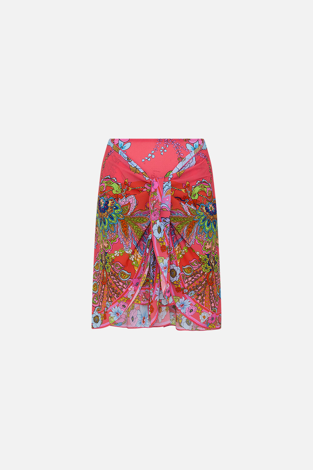 CAMILLA pink layered short sarong with tie front in Windmills and Wildflowers