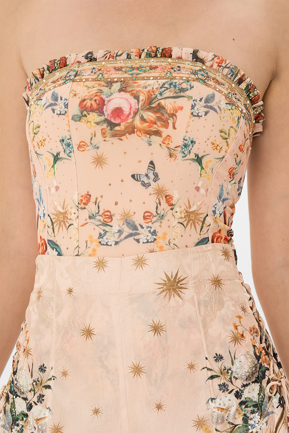 CAMILLA beandeau bodysuit in Rose Garden Revolution print