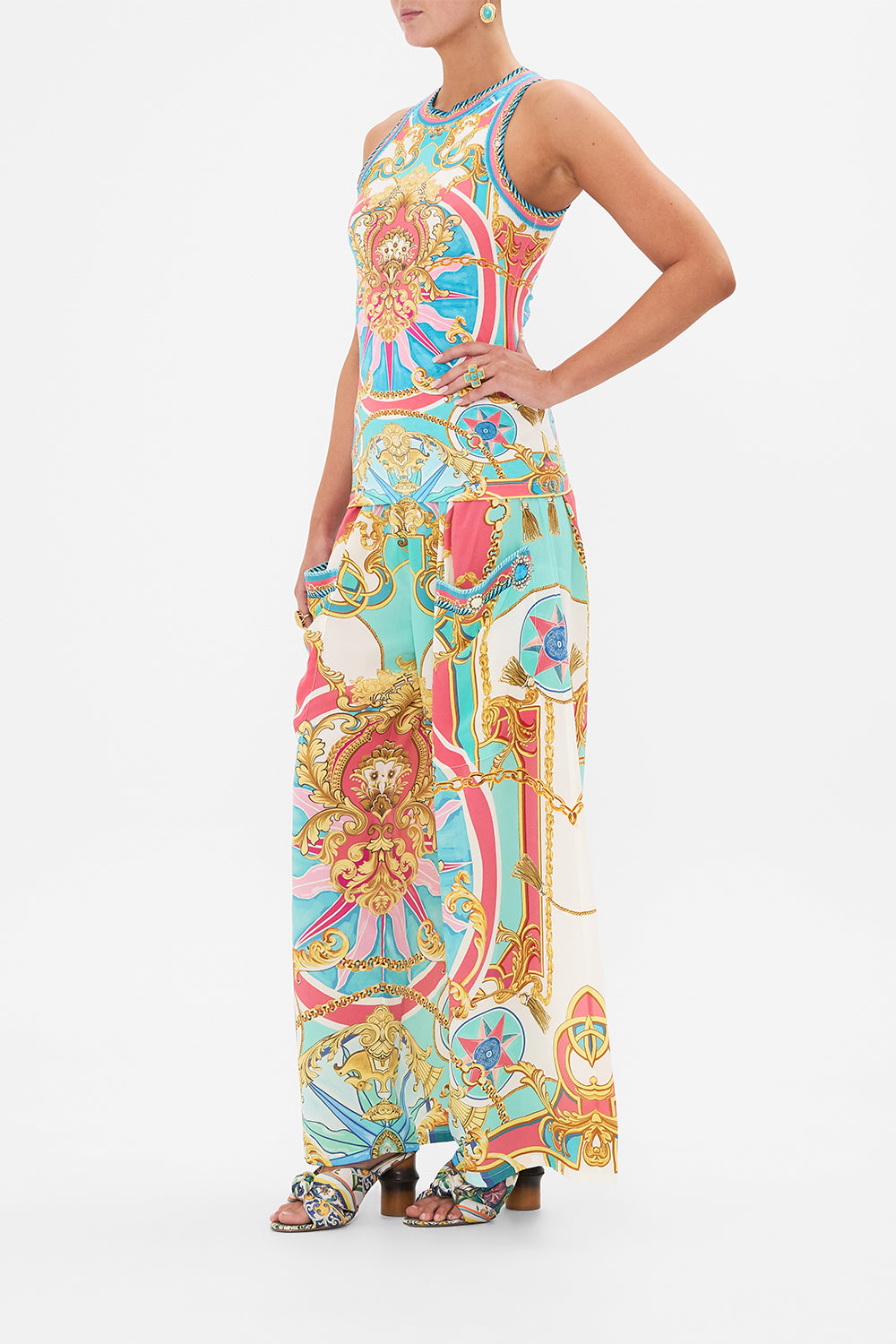 Side view of model wearing CAMILLA jersey tank top in Sail Away With Me print