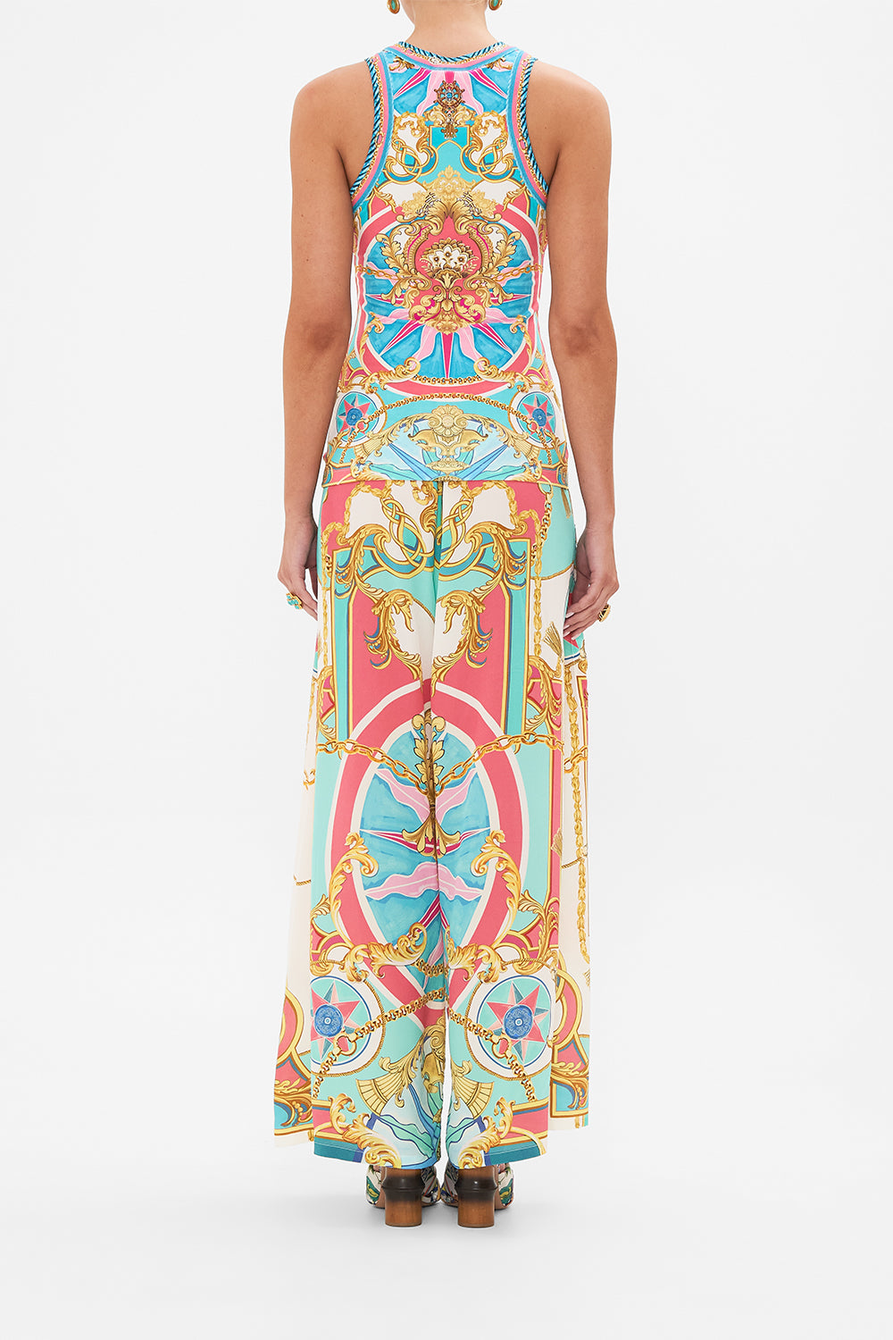 Back view of model wearing CAMILLA jersey tank top in Sail Away With Me print