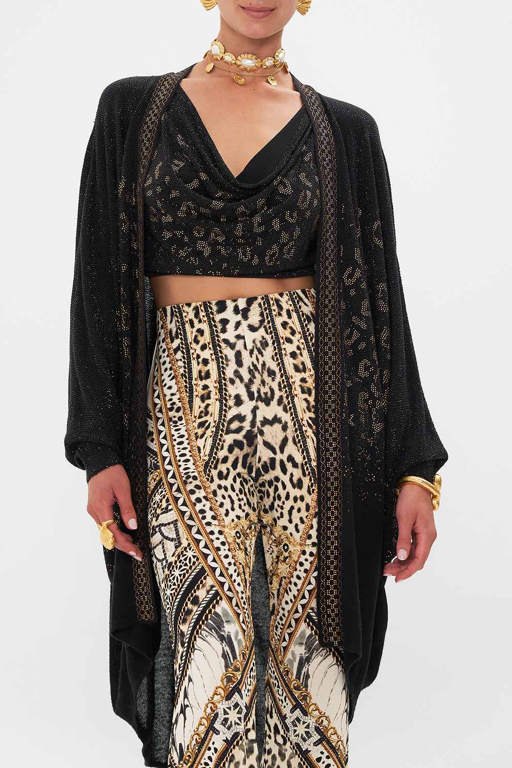 Crop view of model wearing CAMILLA knit cardigan in Mosaic Muse 