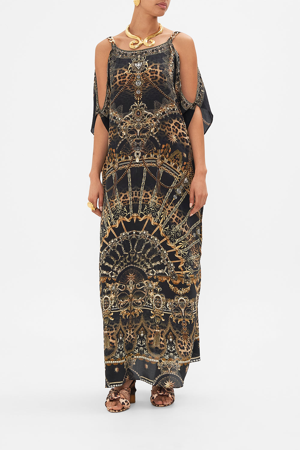 Front view of model wearing CAMILLA silk kaftan with hardware in Masked  at Moonlight print