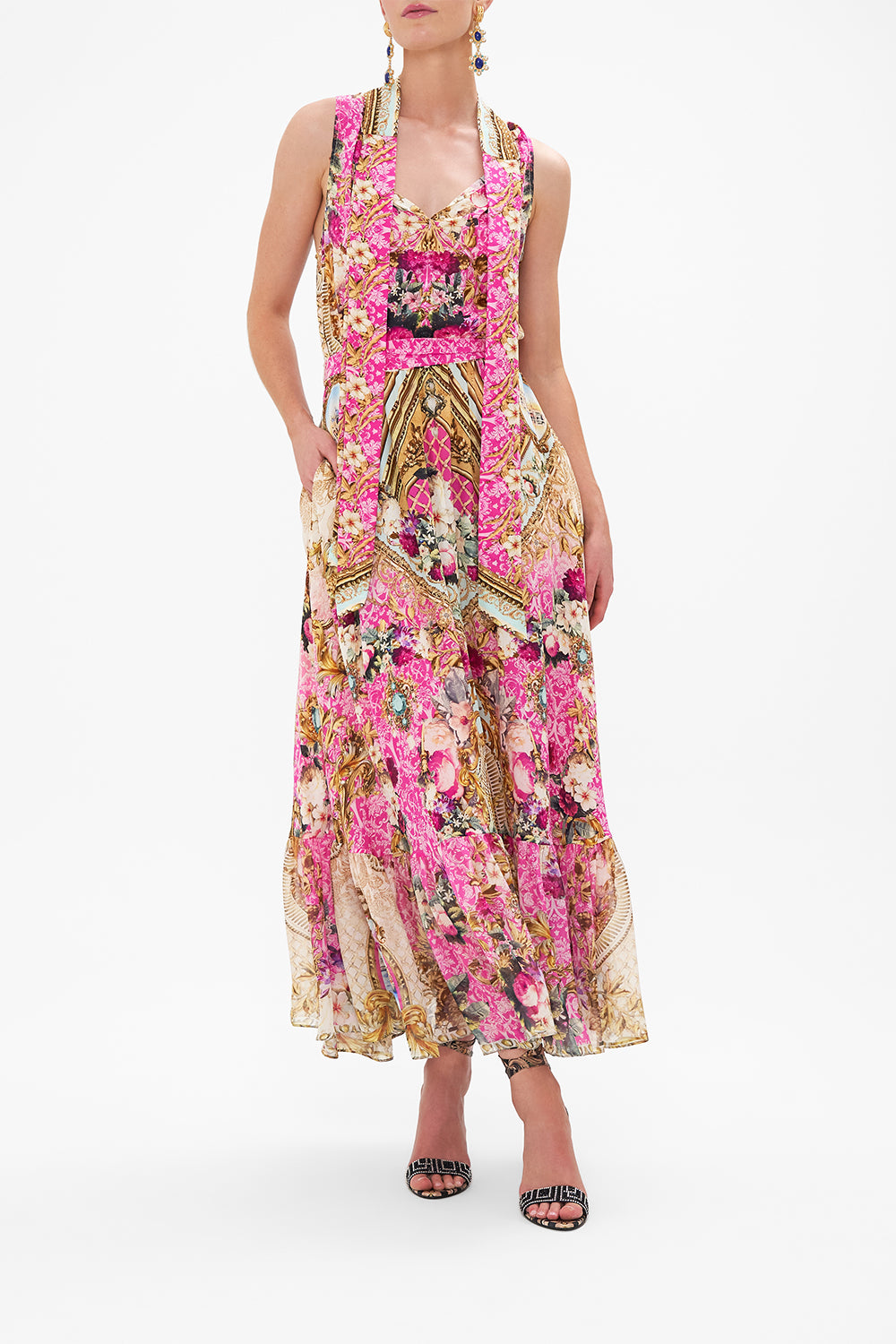 Crop view of model wearing CAMILLA silk dress in Call Of The Canal print