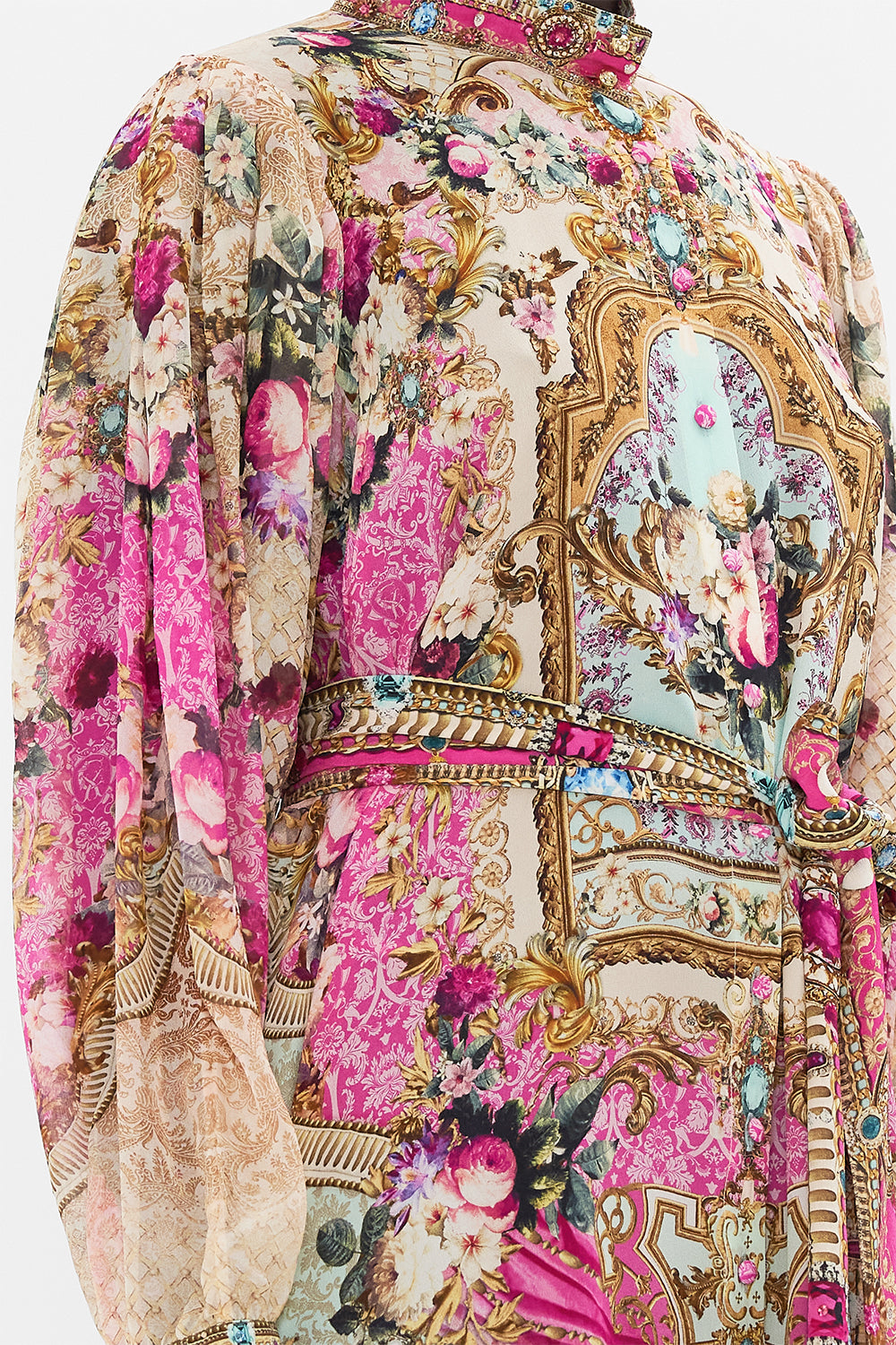 Detail view of model wearing CAMILLA pink shirt dress in Call Of The Canal print