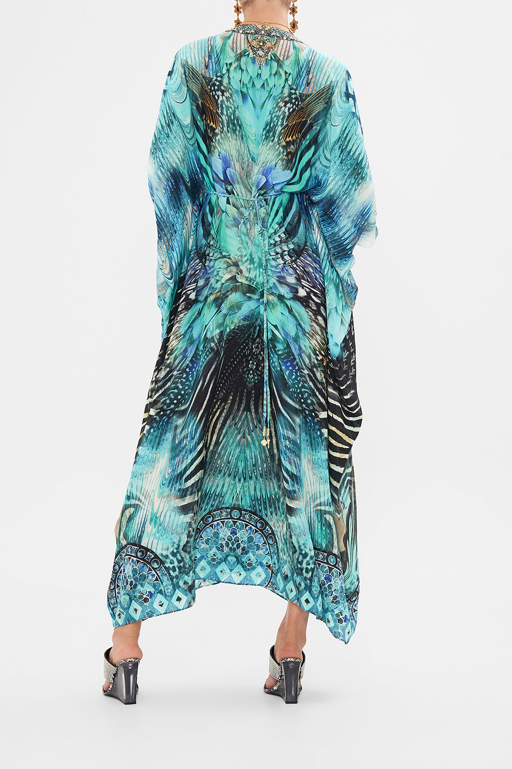 Back view of model wearing CAMILLA silk kaftan in Azure Allure print