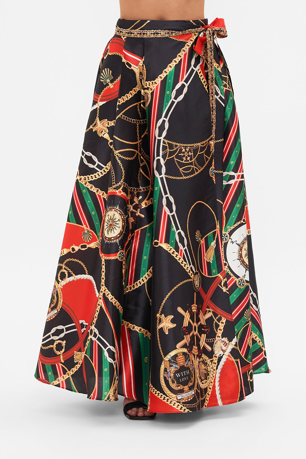 Crop view of model wearing CAMILLA designer flared pants in Soul of A Stargazer print