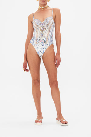 Front view of model wearing CAMILLA underwire bra in one piece swimsuit in Season Of The Siren print 