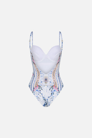 Detail view of model wearing CAMILLA underwire bra in one piece swimsuit in Season Of The Siren print 