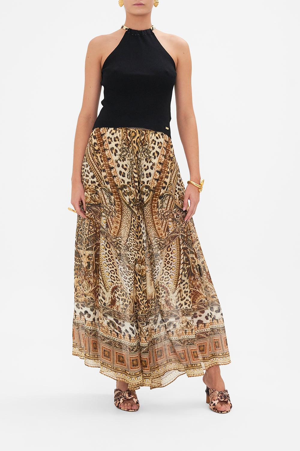 Front view of model wearing CAMILLA leopard print top in Standing Ovation print