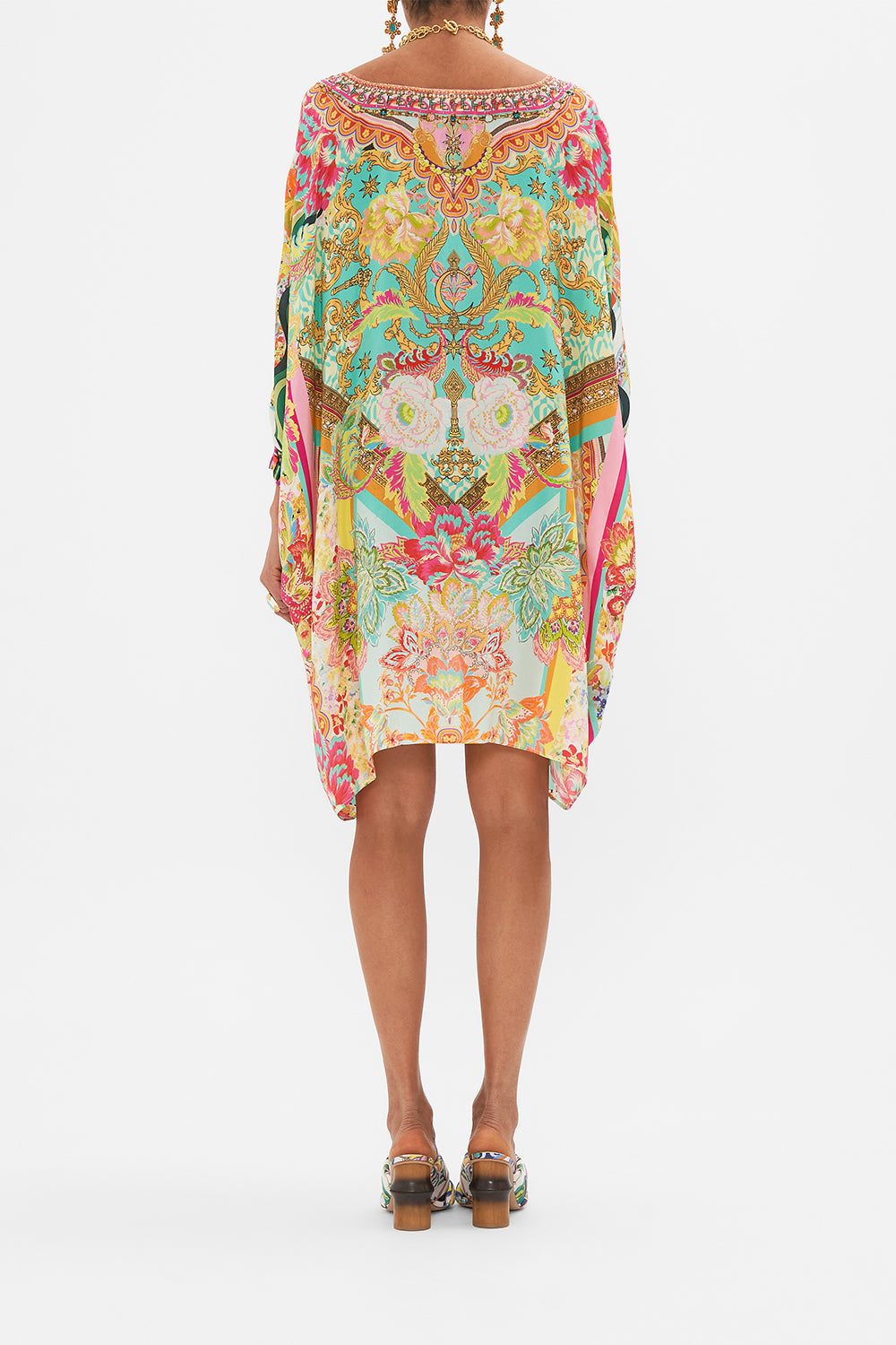 Back view of model wearing CAMILLA short silk kaftan in An Italian Welcome print