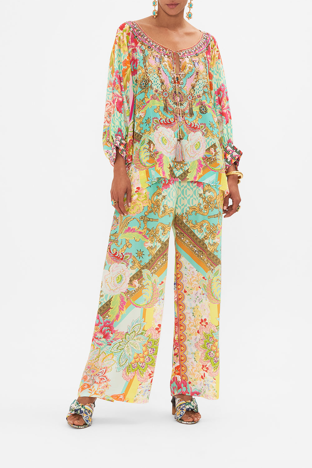 Front view of model wearing CAMILLA printed silk blouse in An Italian Welcome print