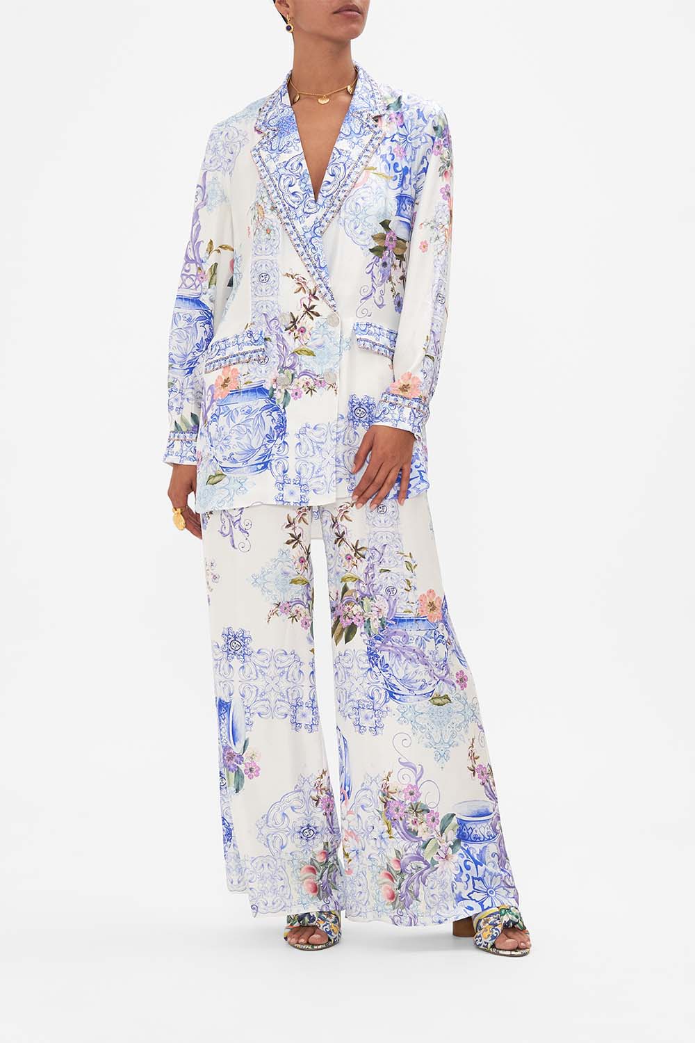 Front view of model wearing CAMILLA silk blazer in Paint Me Positano print