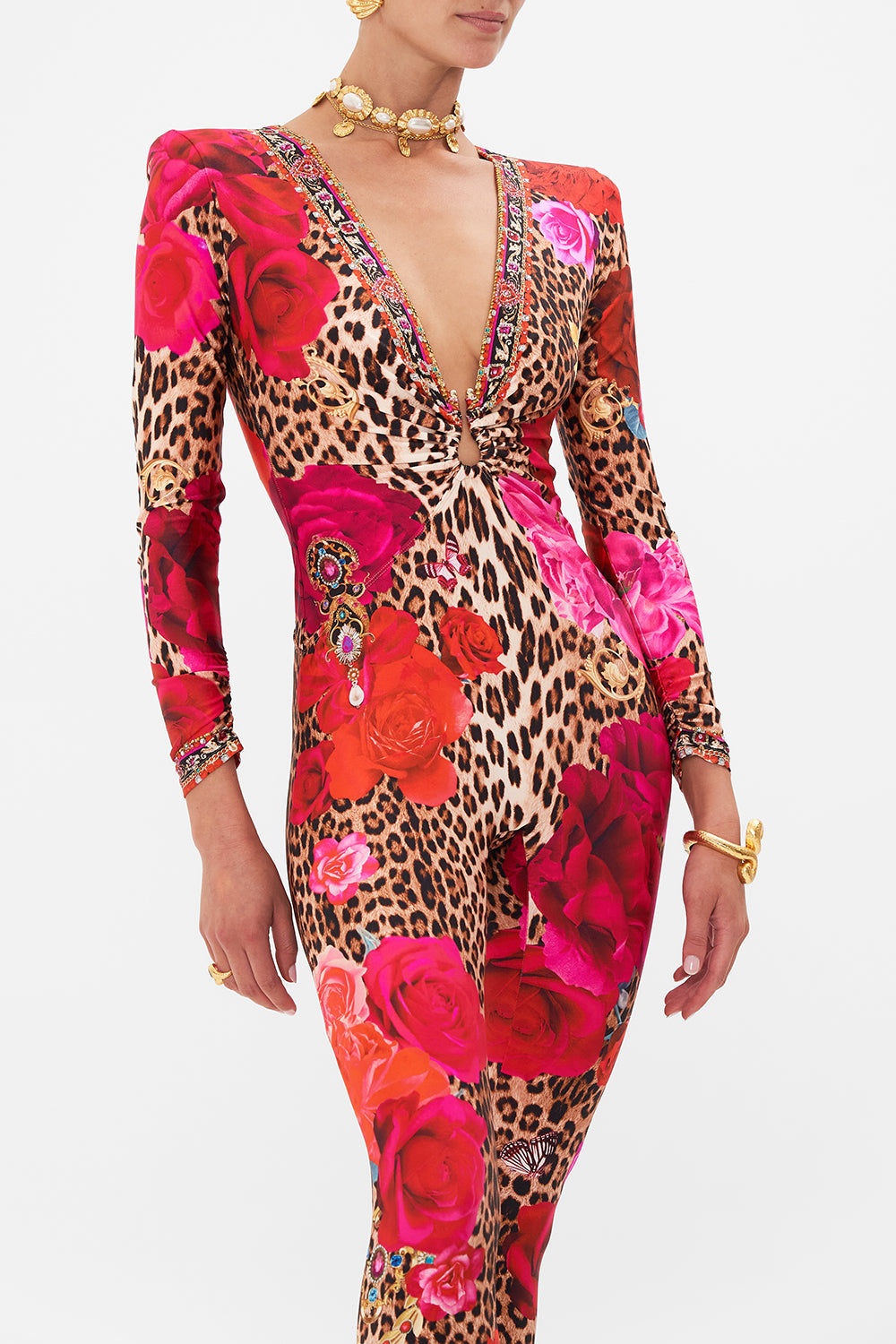 Crop view of model wearing CAMILLA catsuit in Heart Like A Wildflower print 