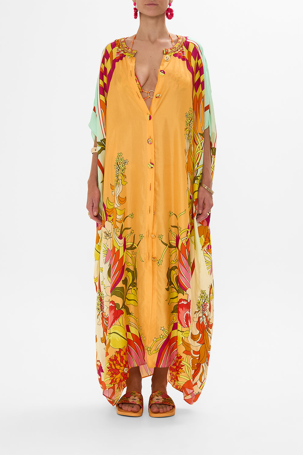 CAMILLA Floral Button Through Batwing Kaftan in The Flower Child Society