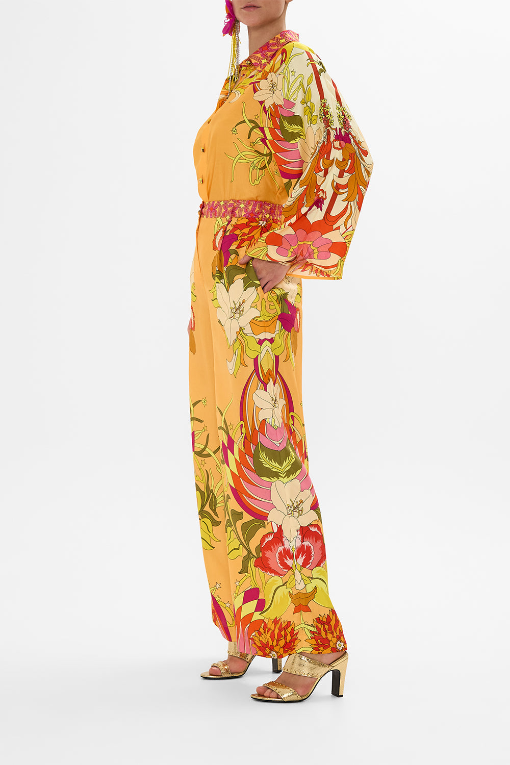 CAMILLA Floral Wide Leg Waisted Pant in The Flower Child Society print