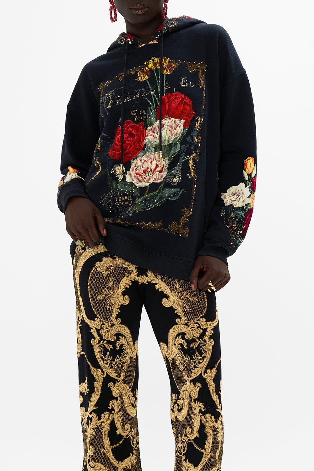 CAMILLA Black Hoody with Pockets in Magic in the Manuscripts print