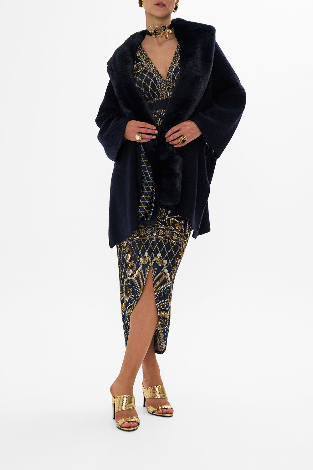 CAMILLA Gold/Black Gathered V-Neck Jersey Dress in Dance with the Duke