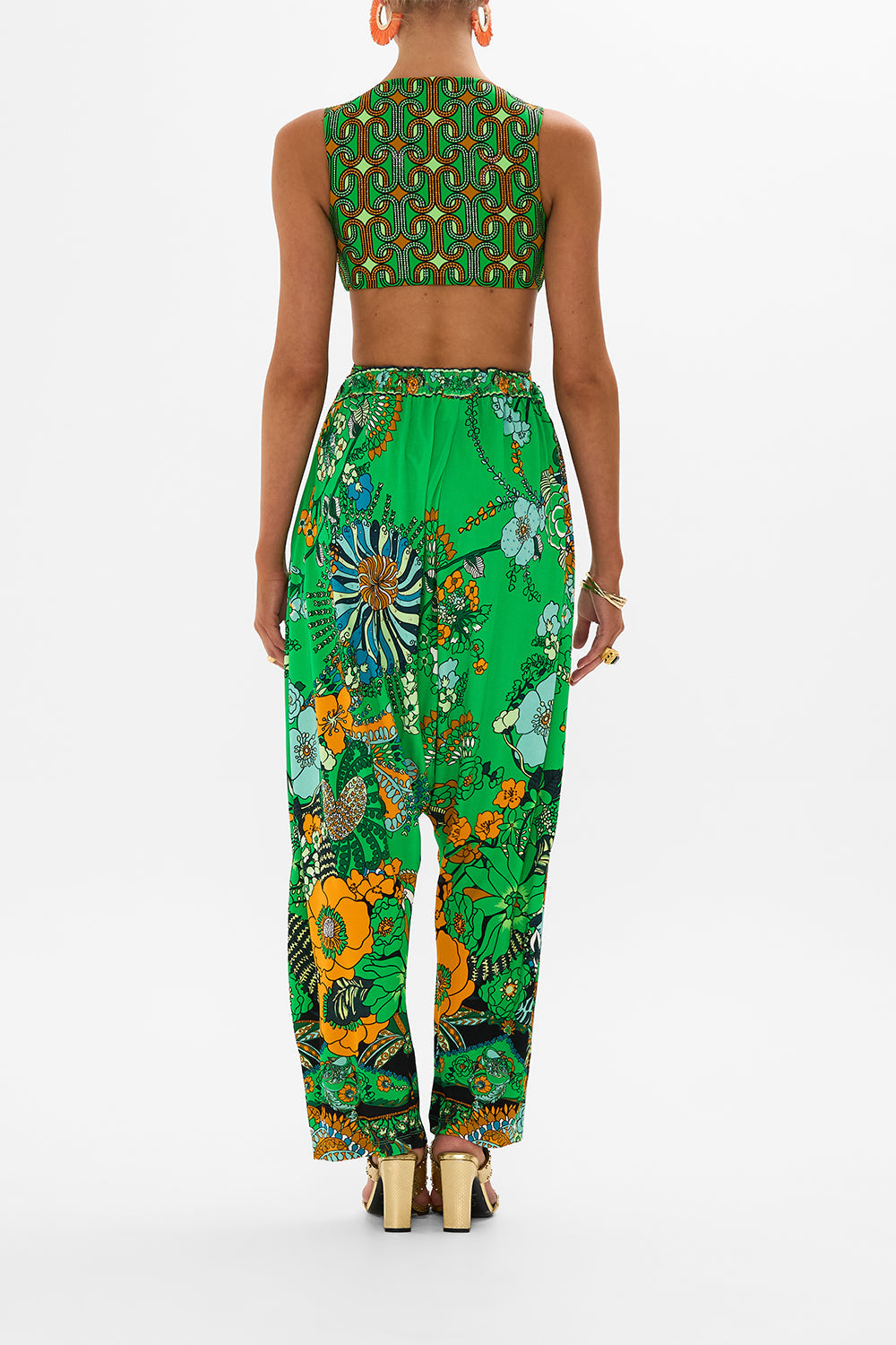 CAMILLA green draped jersey pant in Good Vibes Generation print.