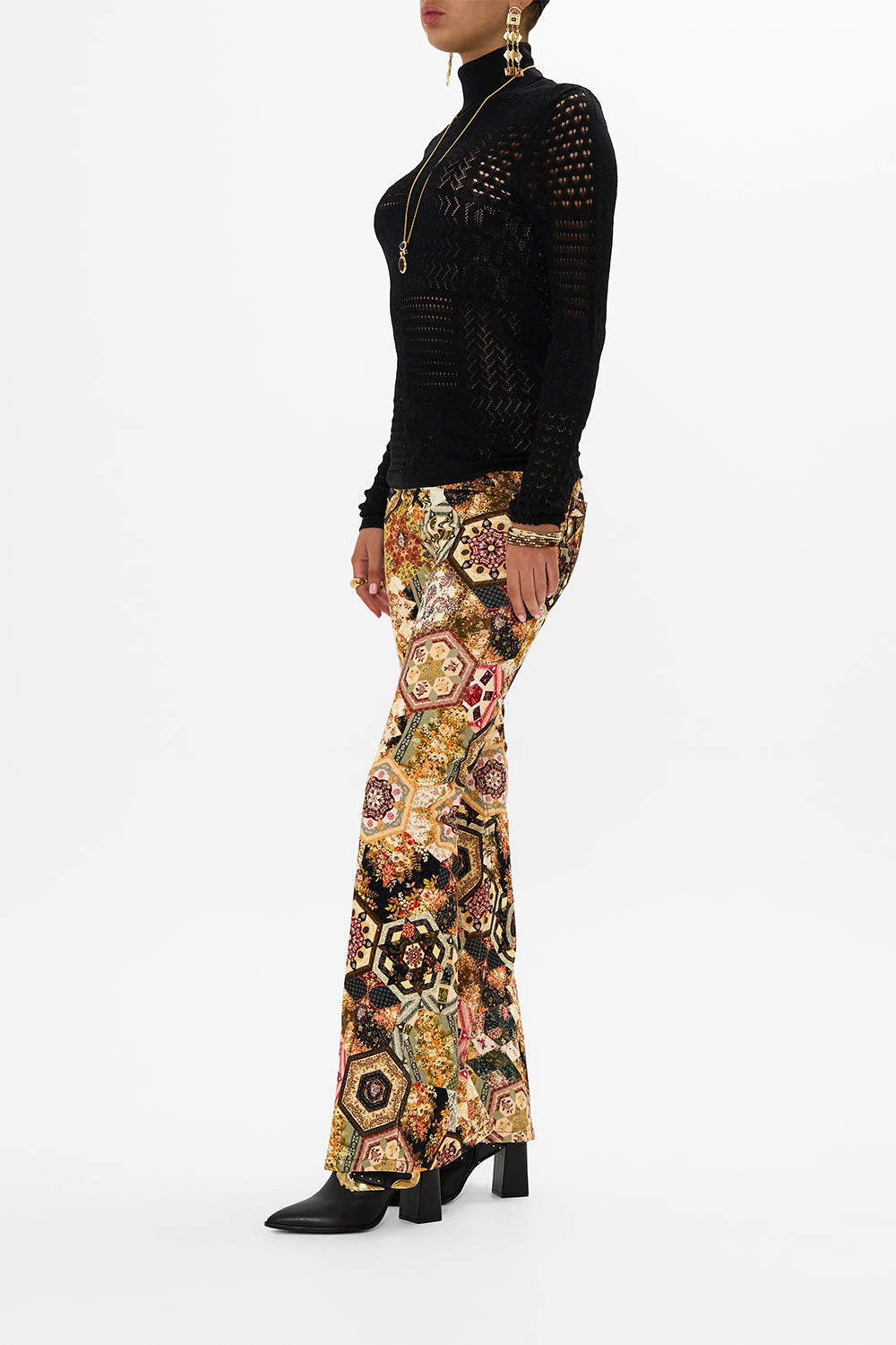 CAMILLA floral pointelle turtle neck knit in Stitched In Time print.