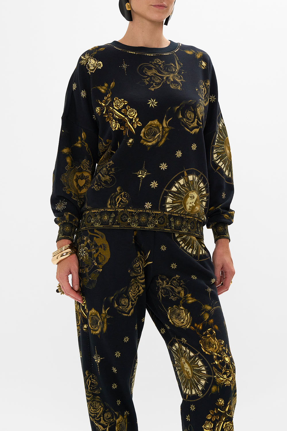 CAMILLA black dropped shoulder sweat shirt in So Says The Oracle print.