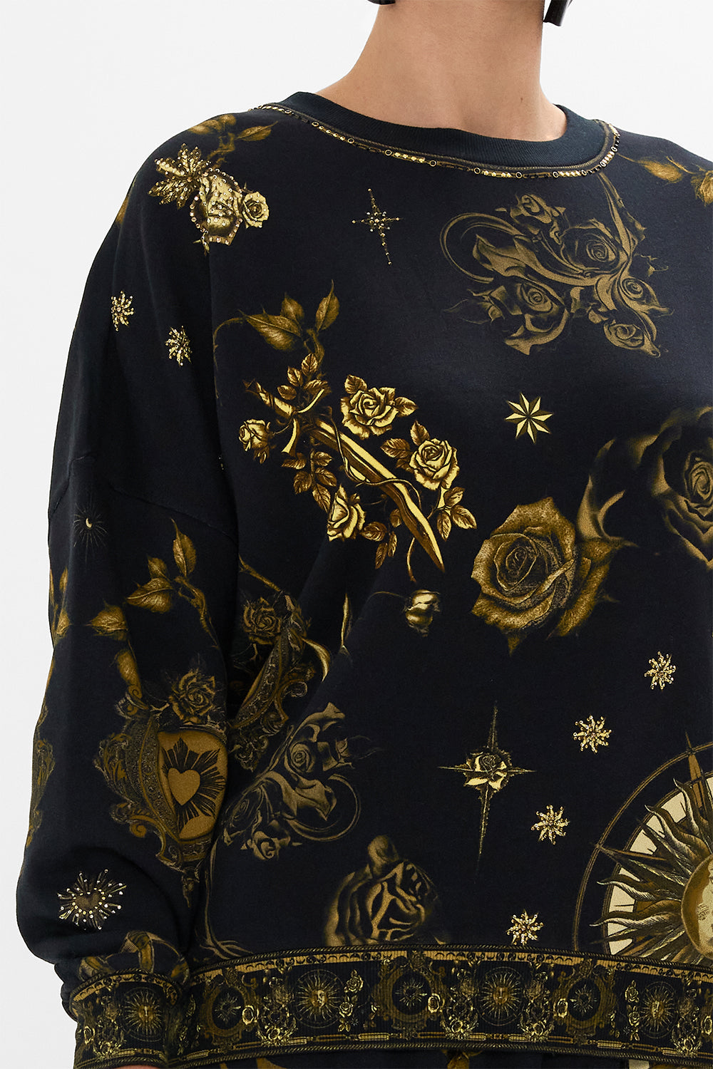 CAMILLA black dropped shoulder sweat shirt in So Says The Oracle print.