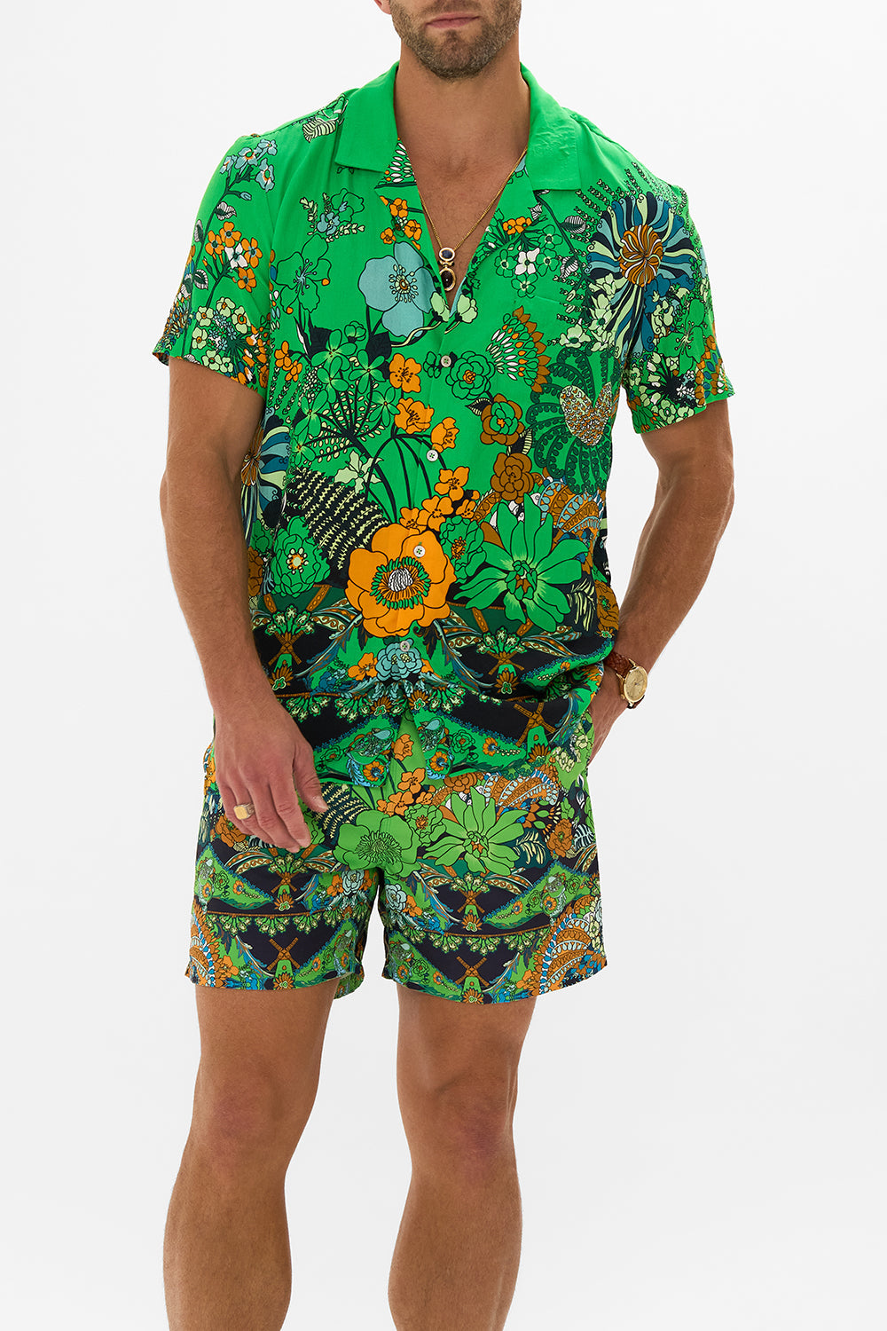CAMILLA green short sleeve camp collared shirt in Good Vibes Generation