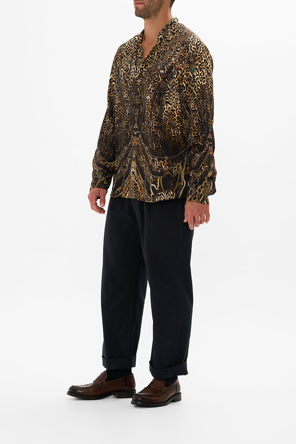CAMILLA leopard long-sleeve mandarin collar shirt in Amsterglam print