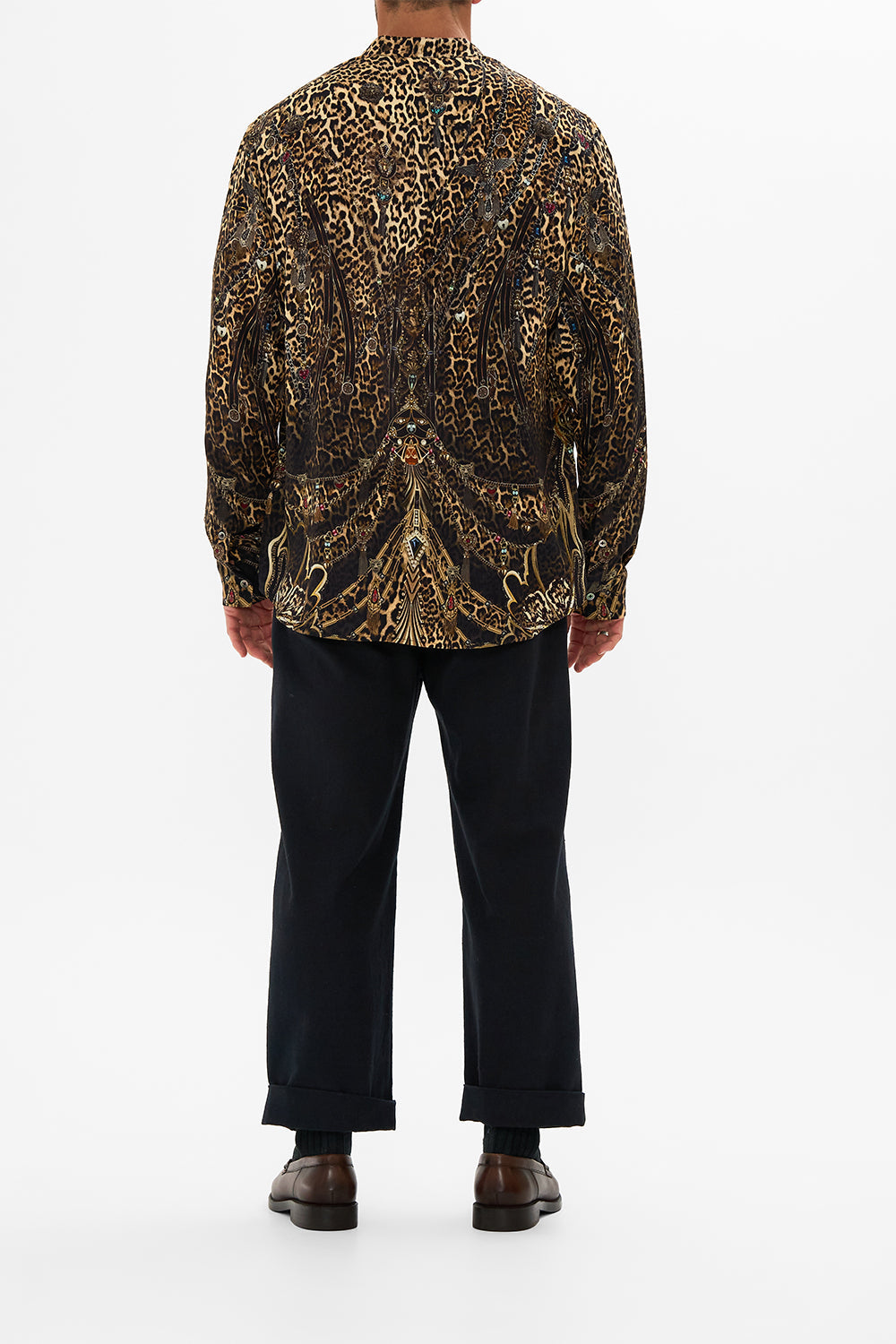 CAMILLA leopard long-sleeve mandarin collar shirt in Amsterglam print