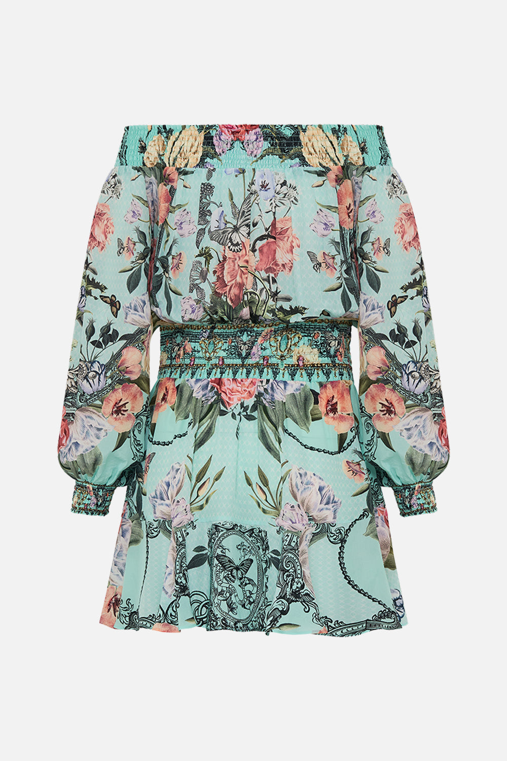 CAMILLA Floral Off Shoulder Short Dress in Petal Promise Land