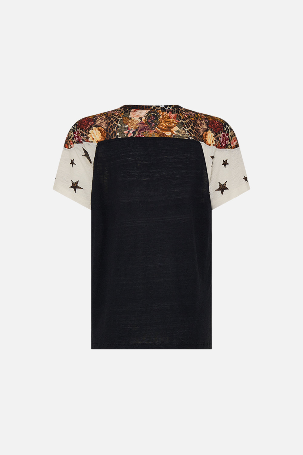 CAMILLA leopard fitted panelled t-shirt in Born In Bruges print.