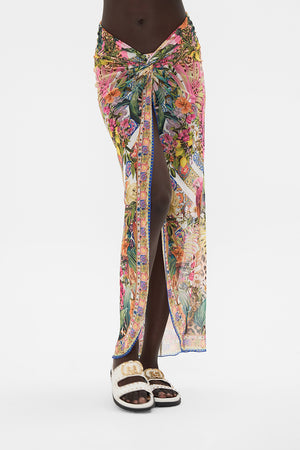 Crop view of model wearing CAMILLA floral skirt in Flowers Of Neptune print
