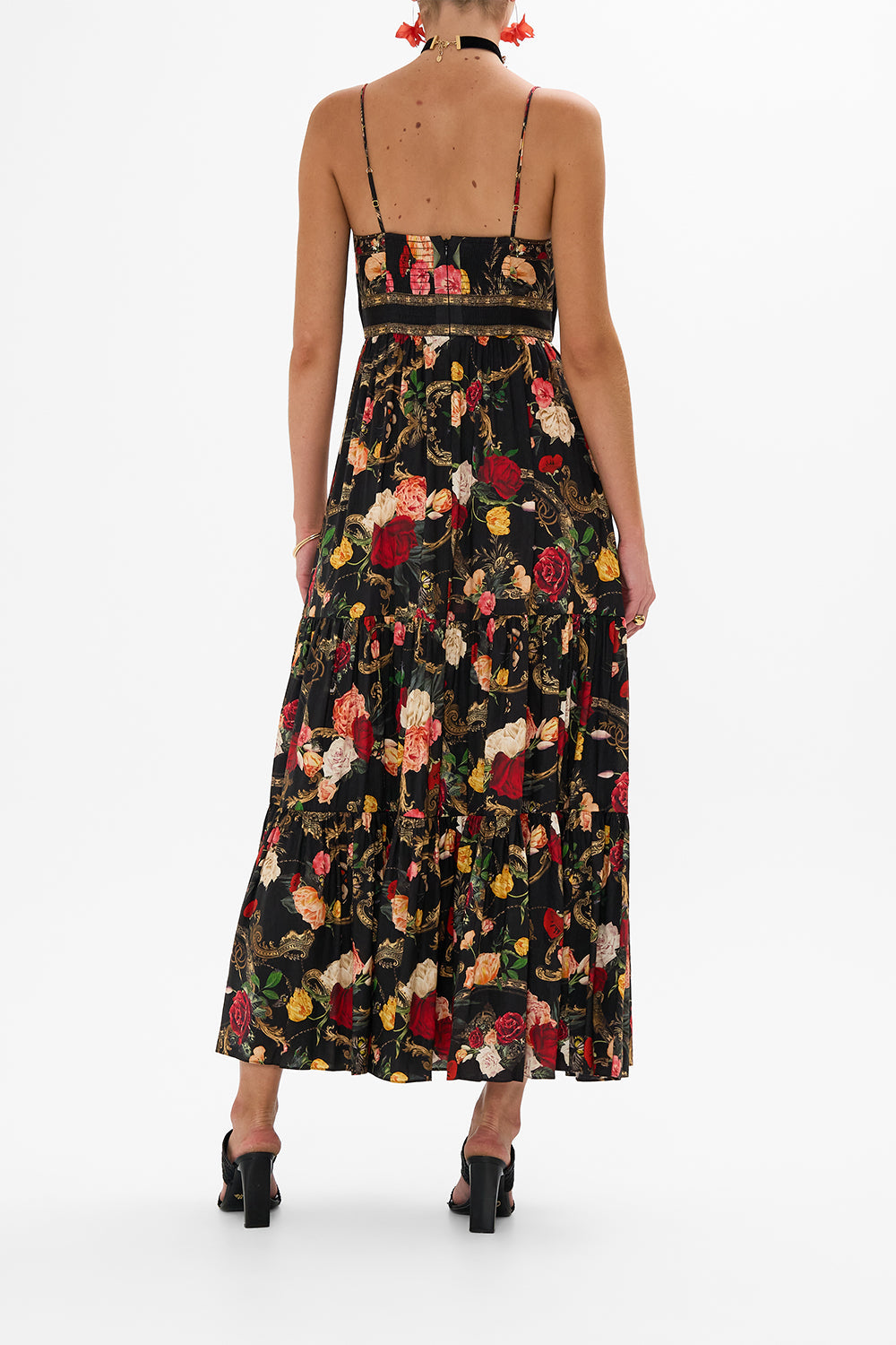 CAMILLA black floral print silk maxi dress in Magic In The Manuscripts print