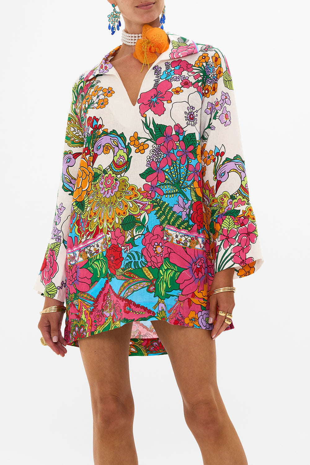 CAMILLA retro floral tunic dress in Cosmic Prairie print. 