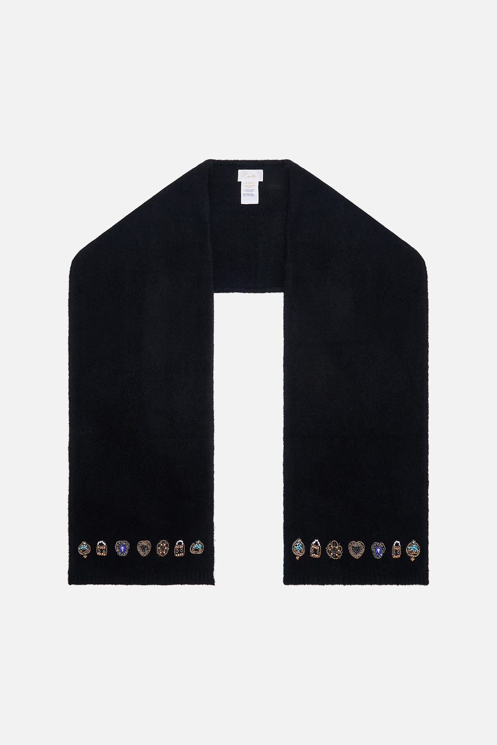 CAMILLA black embellished knit scarf in Solid Black