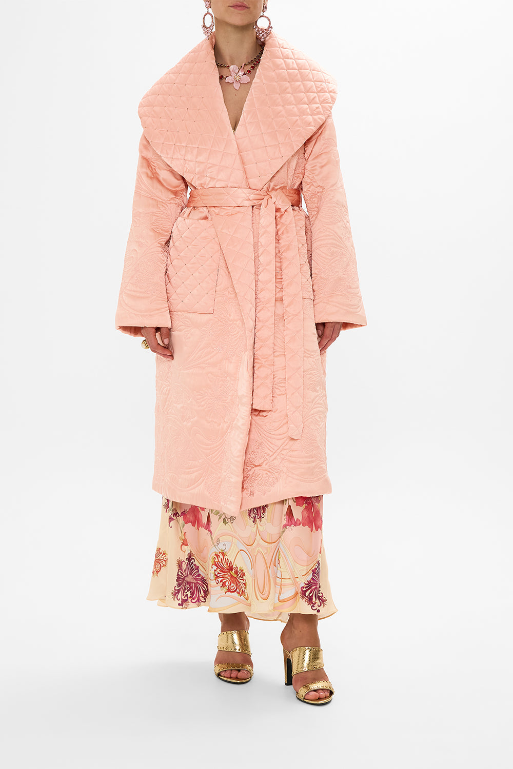 CAMILLA Floral Quilted Long Wrap Coat in Blossoms and Brushstrokes
