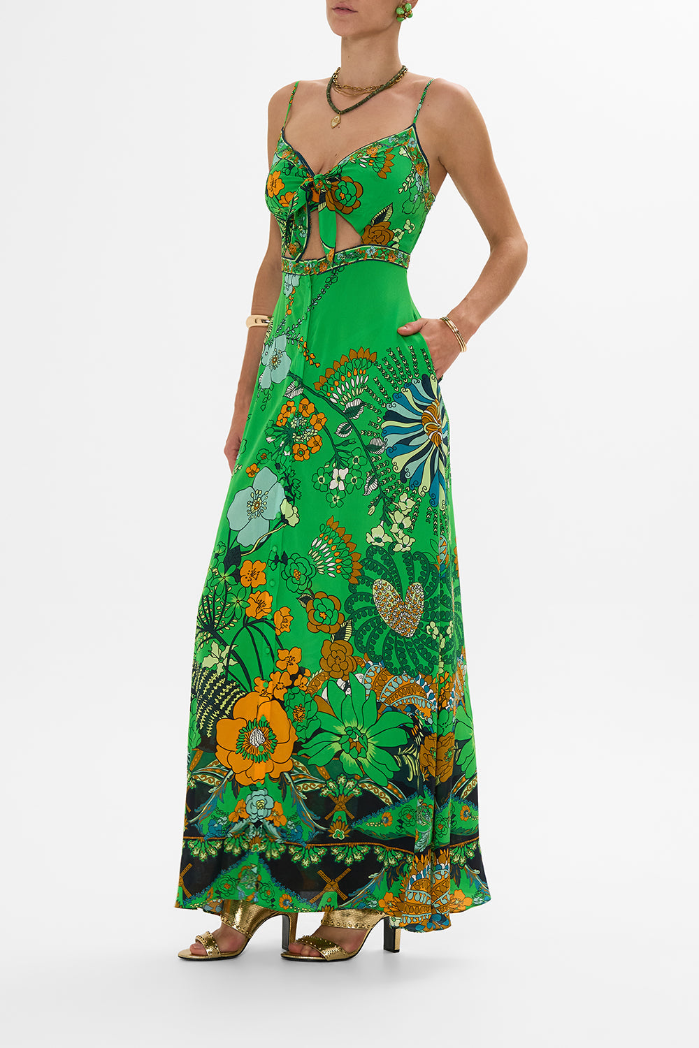 CAMILLA Green Tie Front Cut Out Maxi Dress in Good Vibes Generation