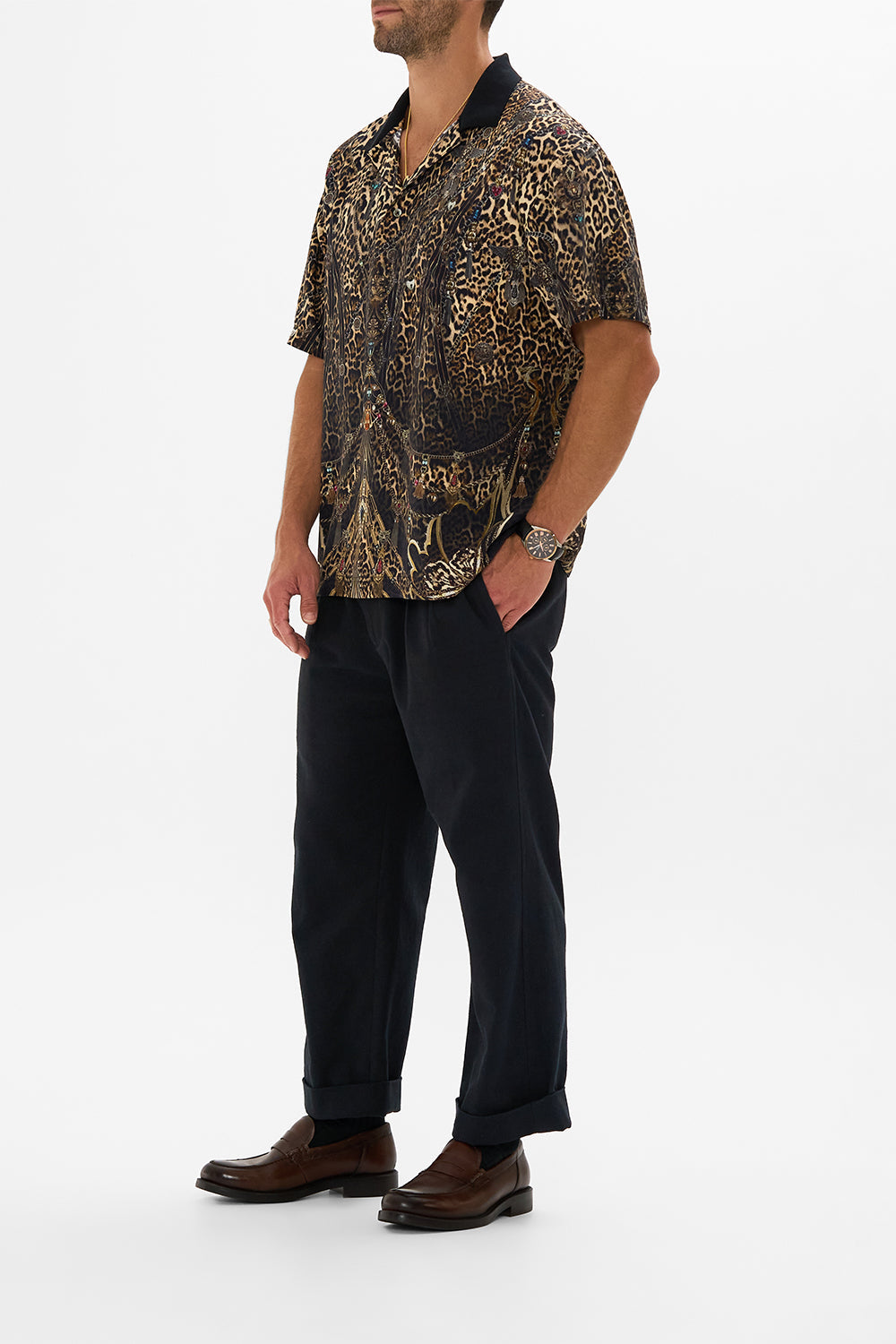 Hotel Franks by CAMILLA leopard relaxed fit woven polo shirt in Amsterglam