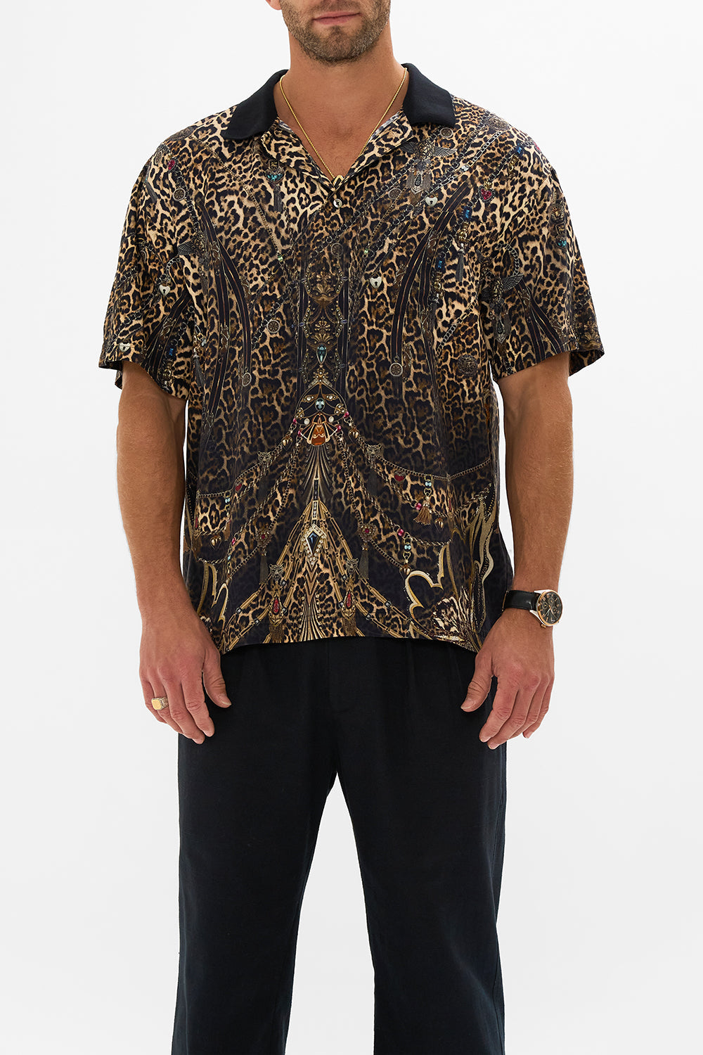Hotel Franks by CAMILLA leopard relaxed fit woven polo shirt in Amsterglam