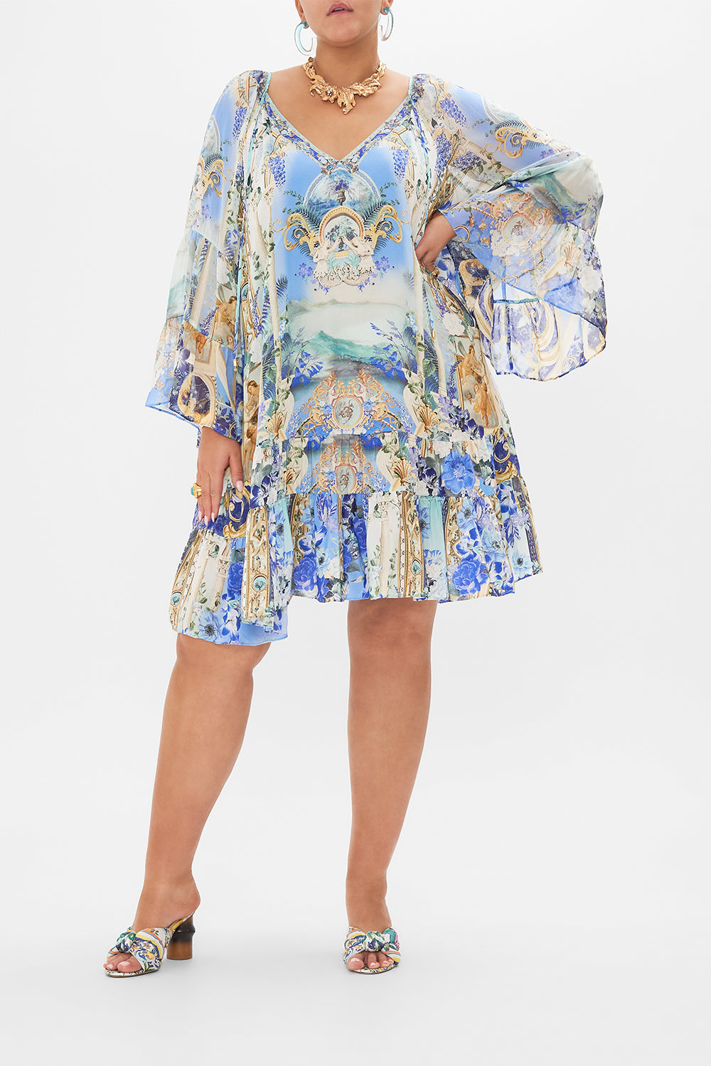 Front view of curvy model wearing CAMILLA plus size silk dress in Views of Vesuvius print