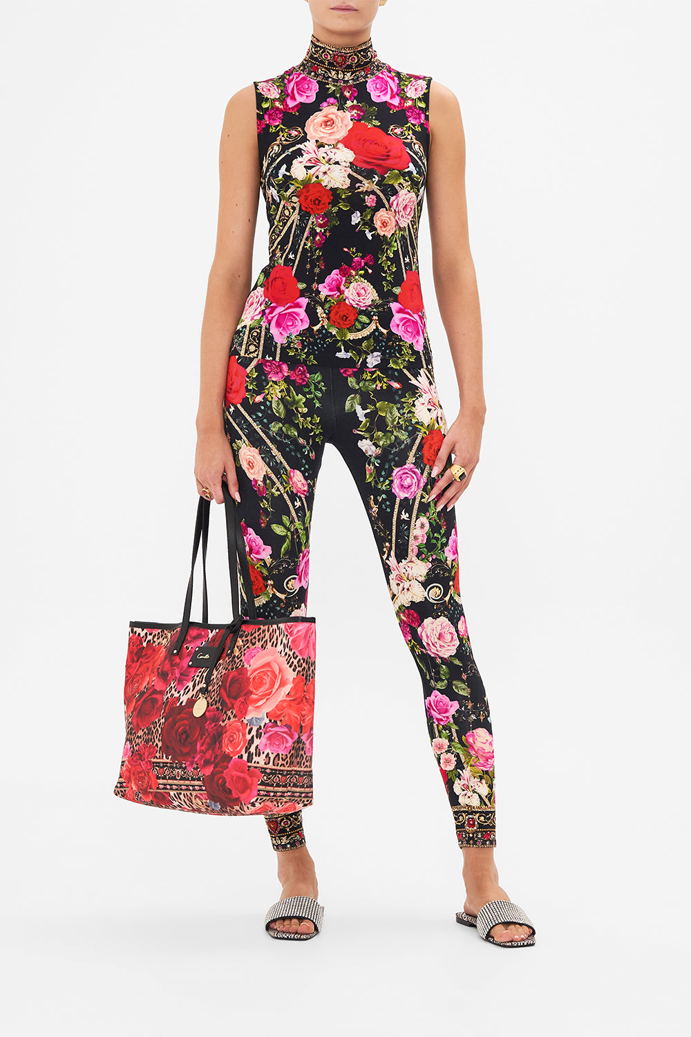 Front view of model wearing CAMILLA jersey sleeveless turleneck top in Reservation For Love print